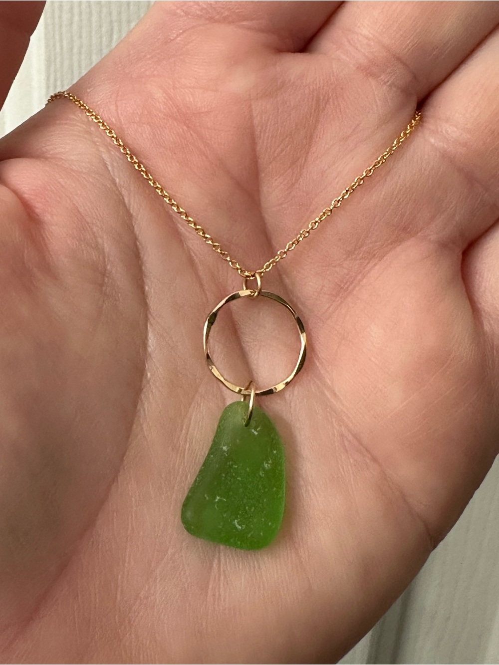 14k Gold-Filled Necklace Genuine Seaglass Hammered Hoop Handmade 19.5-21.5” NWOT